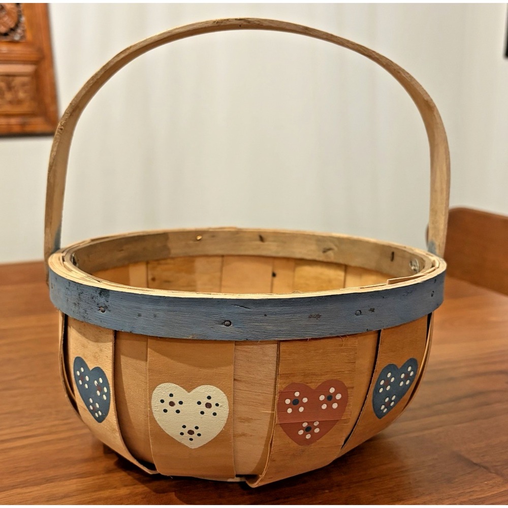Vintage 1995 Hearts Harvest Basket Wood Country Decor Pastel